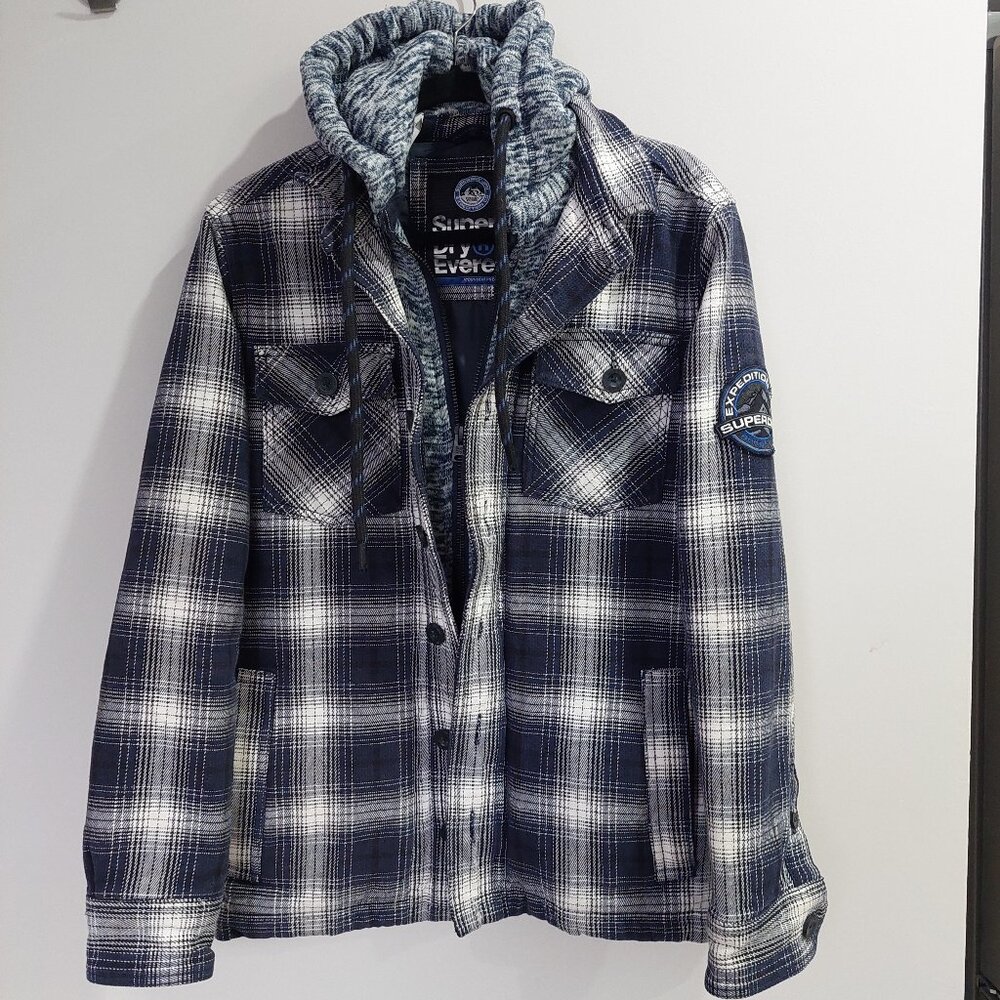 Superdry Everest Edition Men's S Plaid Hooded Shirt Jacket Blue Flannel